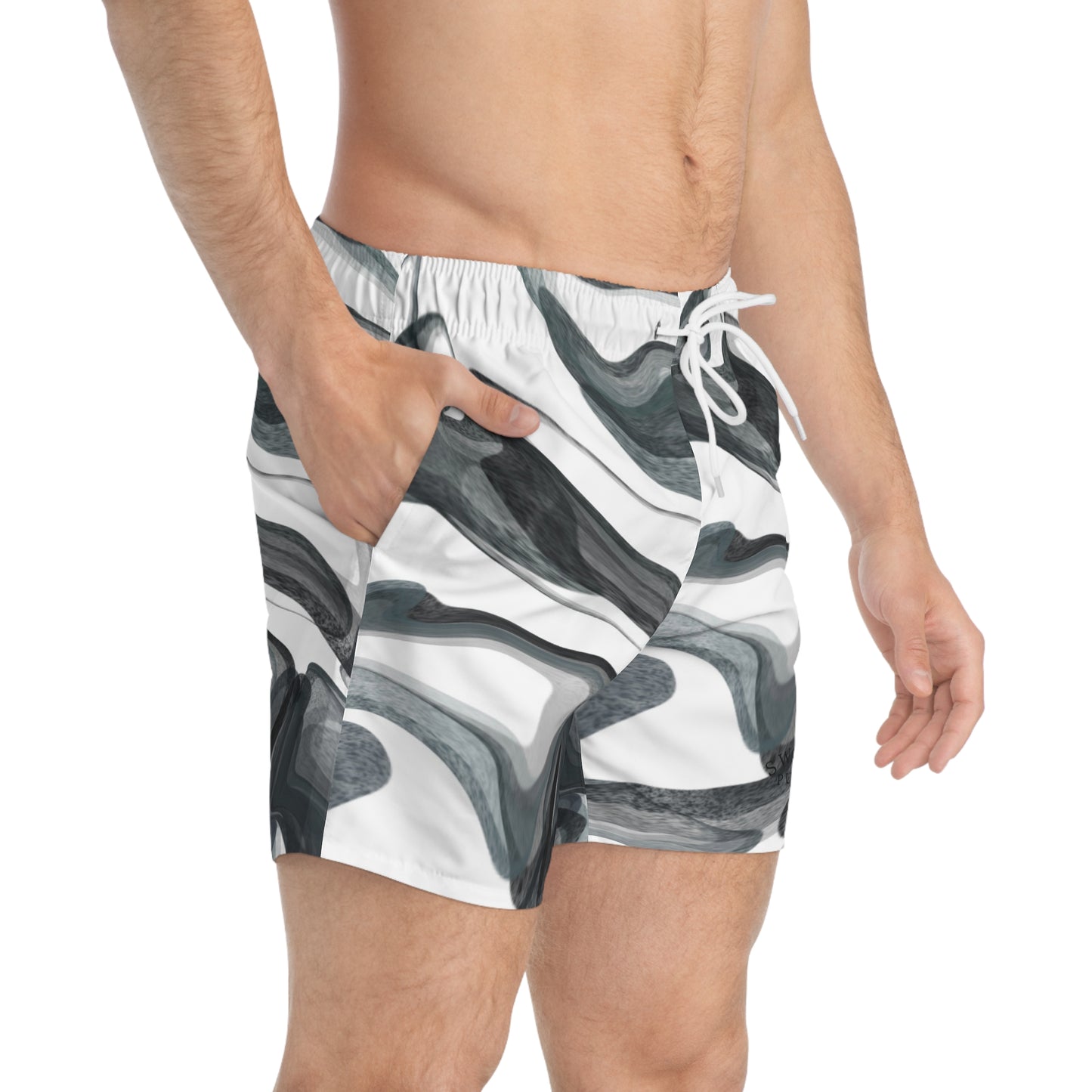 Marble Wave Swim Trunks — Grey Abstract AOP Beach Shorts