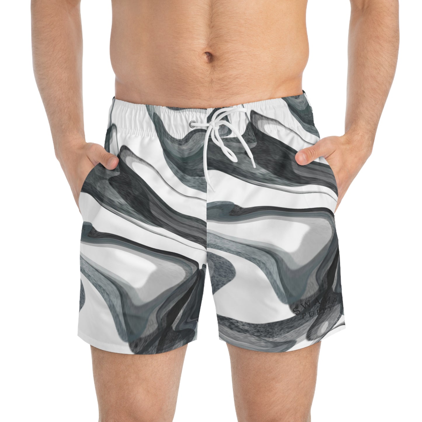 Marble Wave Swim Trunks — Grey Abstract AOP Beach Shorts