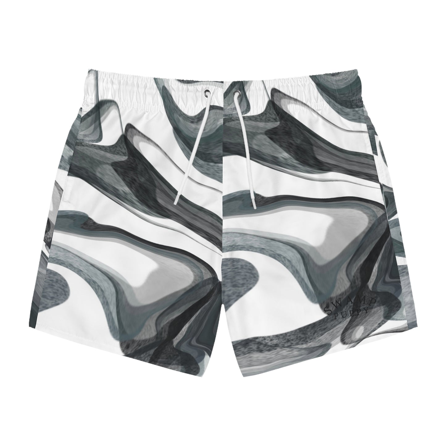 Marble Wave Swim Trunks — Grey Abstract AOP Beach Shorts